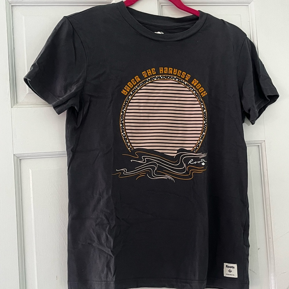 Roots Black Short Sleeve Tee with Gold and Pink Design